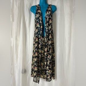 Sleeveless Duster w/ Floral Print On Black Sheer Fabric